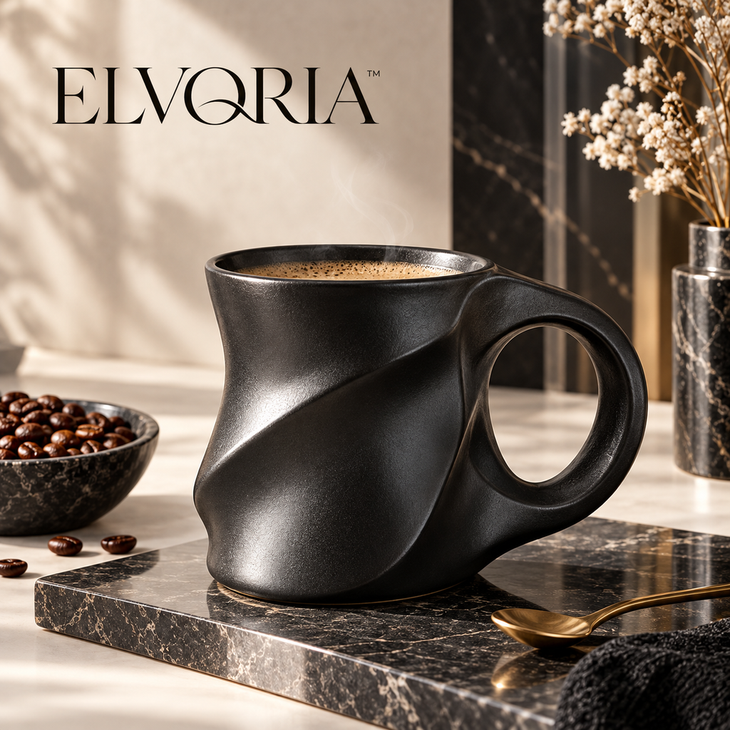 ELVORIA™  Sculptural Ceramic Mug — Midnight Black Edition