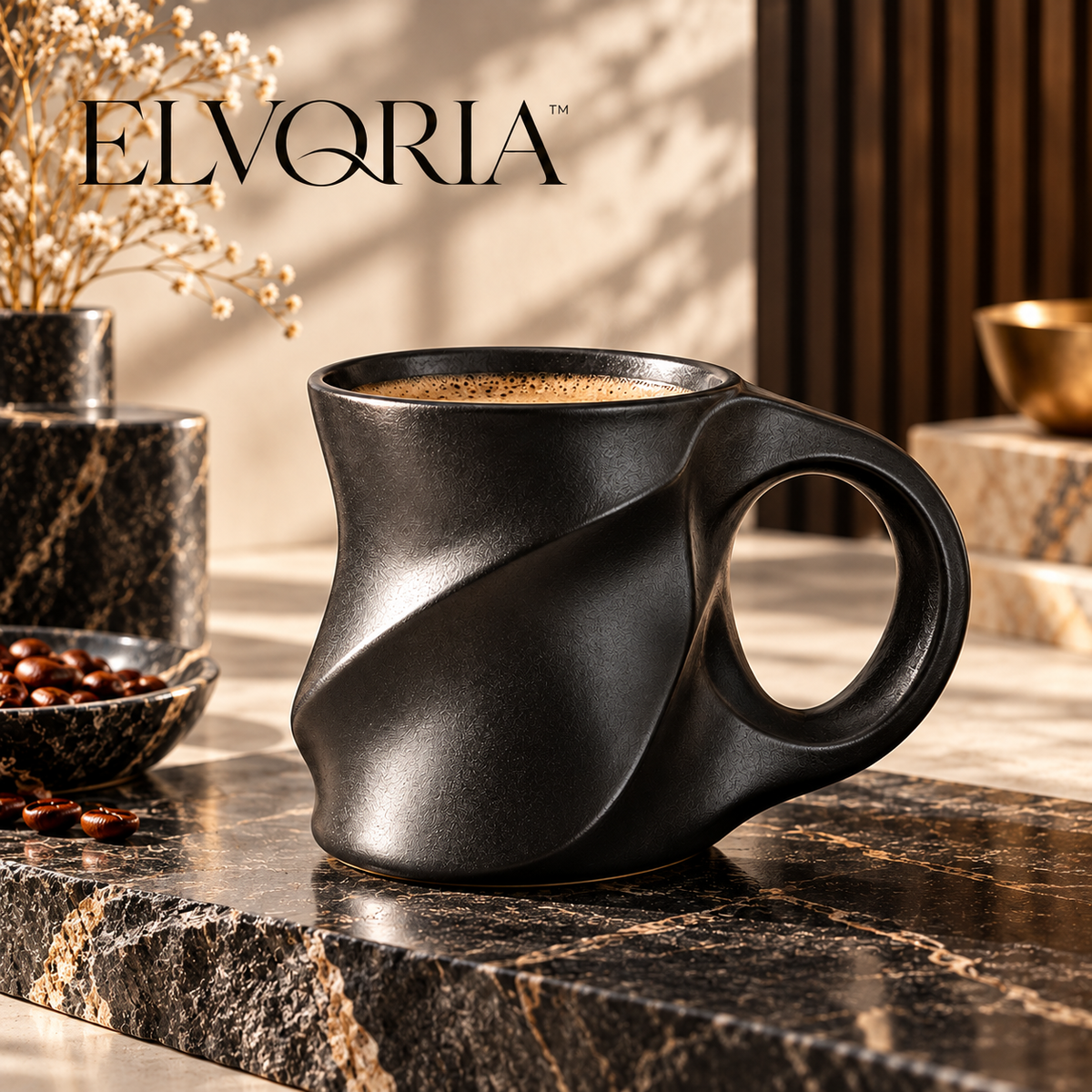 ELVORIA™  Sculptural Ceramic Mug — Midnight Black Edition