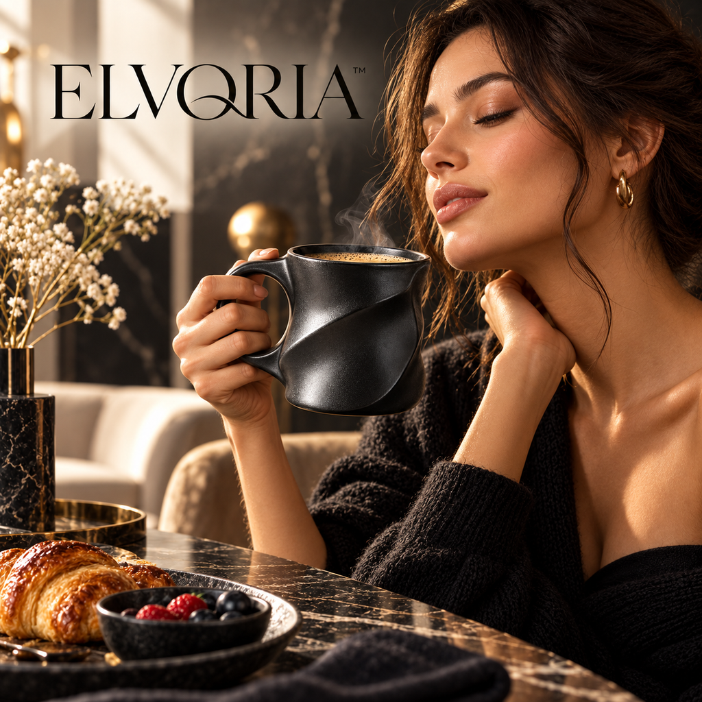 ELVORIA™  Sculptural Ceramic Mug — Midnight Black Edition