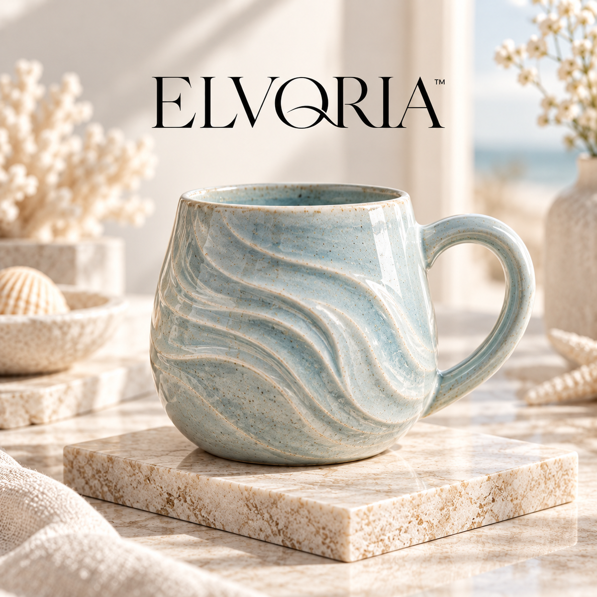 ELVORIA™ Wave Ceramic Mug — Ocean Mist Edition