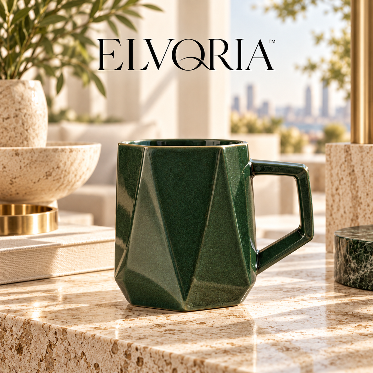 ELVORIA™  Geometric Ceramic Mug — Forest Edition